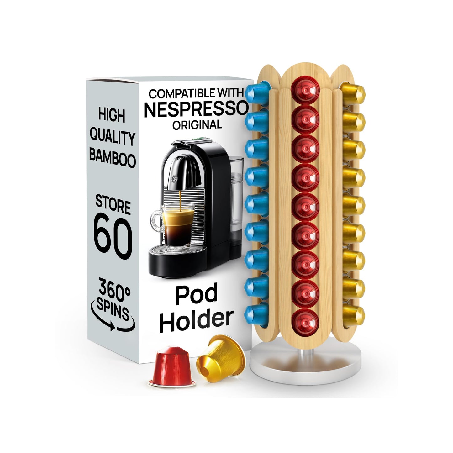 Ibyx Nespresso Pod Holder – Rotating Coffee Stand for Original & Vertuo | Black & Natural Wood Options