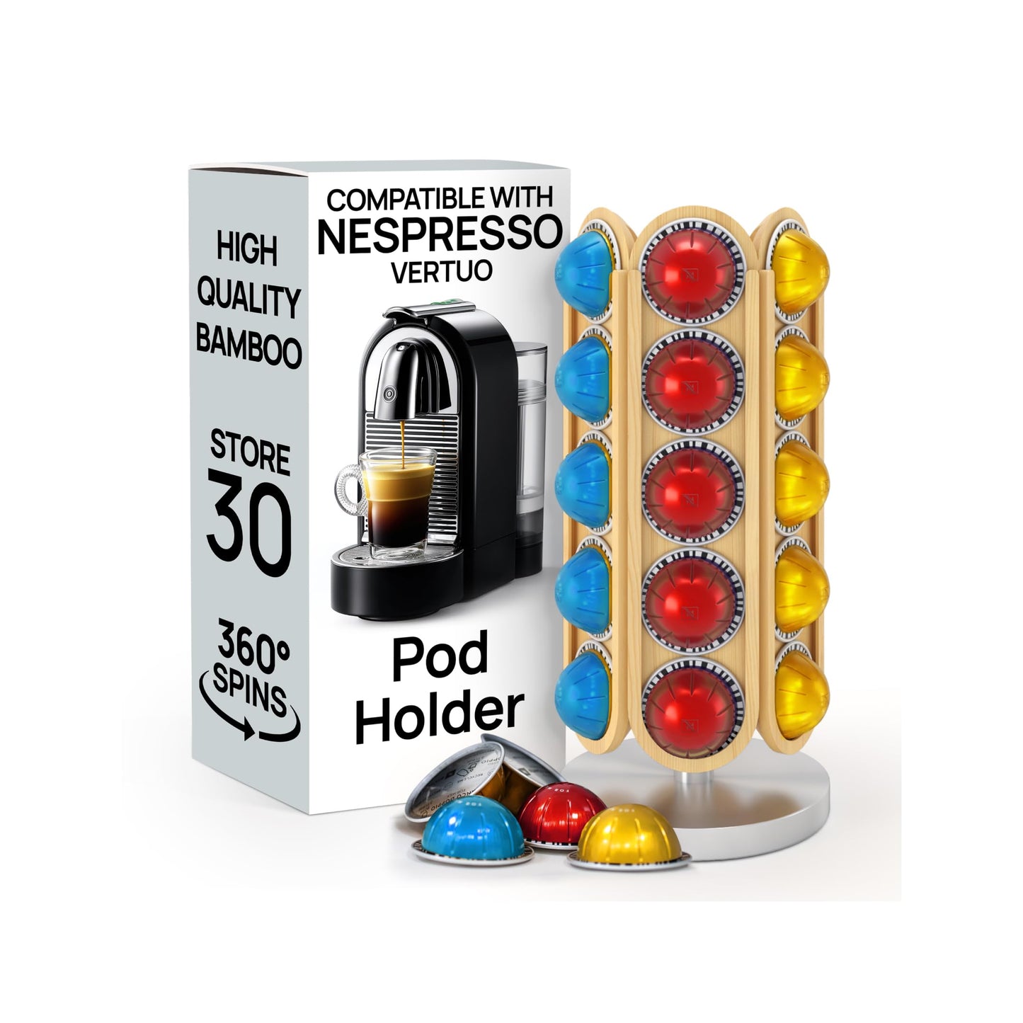 Ibyx Nespresso Pod Holder – Rotating Coffee Stand for Original & Vertuo | Black & Natural Wood Options