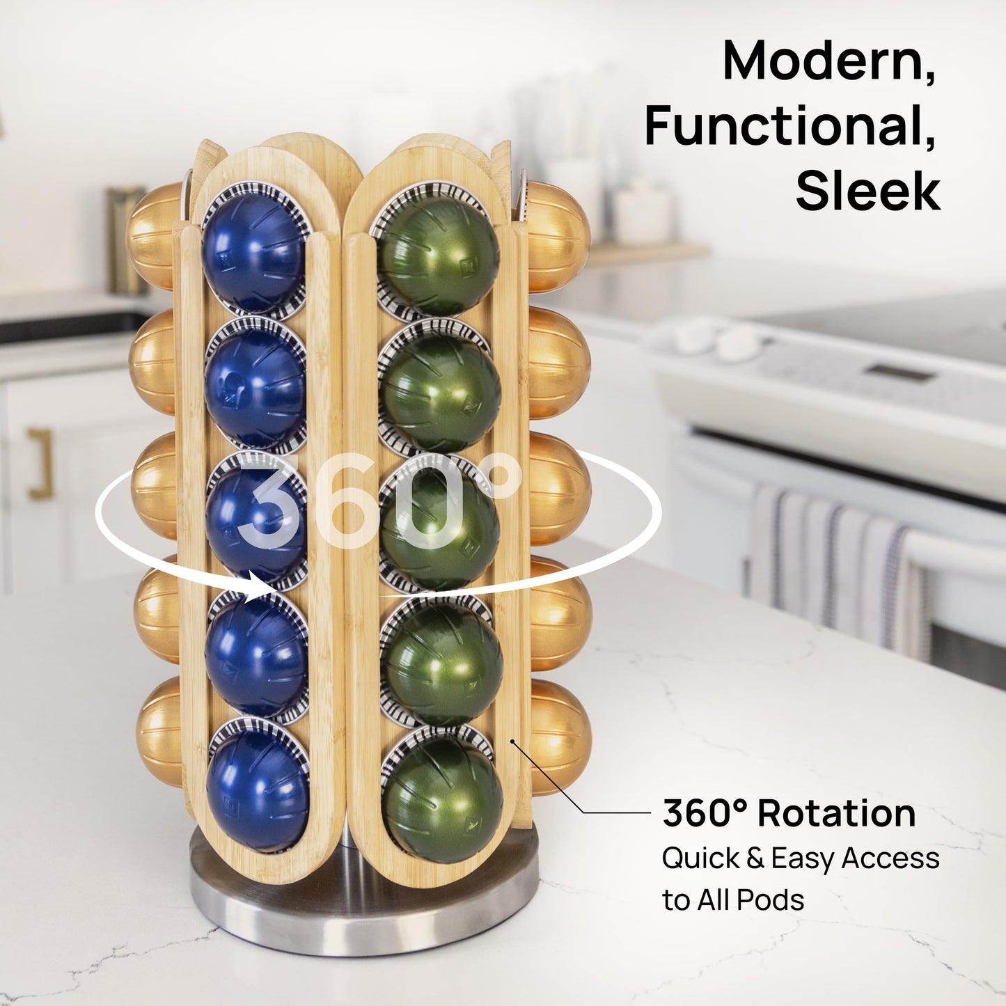 Ibyx Nespresso Pod Holder – Rotating Coffee Stand for Original & Vertuo | Black & Natural Wood Options