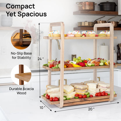 3-Tier Acacia Wood Serving Tray Stand – Space-Saving Display for Desserts, Appetizers & Snacks | 8 Colors Available
