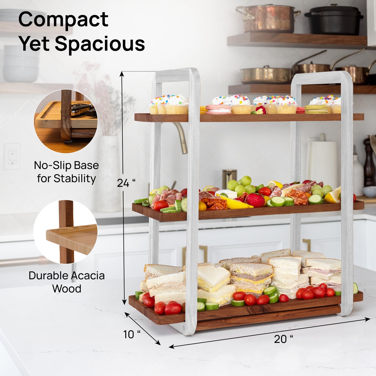 3-Tier Acacia Wood Serving Tray Stand – Space-Saving Display for Desserts, Appetizers & Snacks | 8 Colors Available