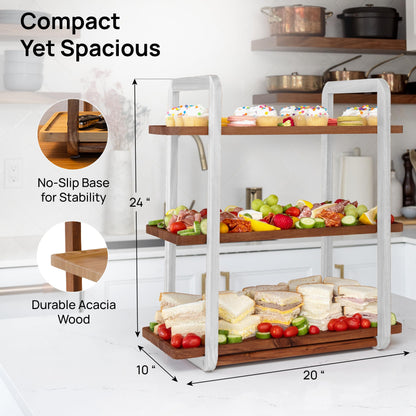 3-Tier Acacia Wood Serving Tray Stand – Space-Saving Display for Desserts, Appetizers & Snacks | 8 Colors Available