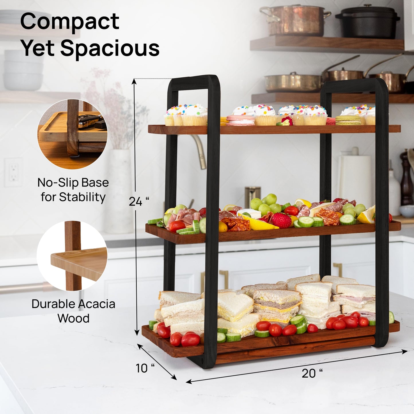 3-Tier Acacia Wood Serving Tray Stand – Space-Saving Display for Desserts, Appetizers & Snacks | 8 Colors Available