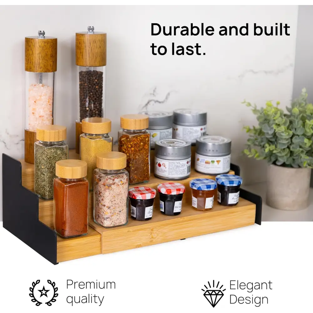 Expandable Bamboo Spice Rack – 3-Tier Organizer