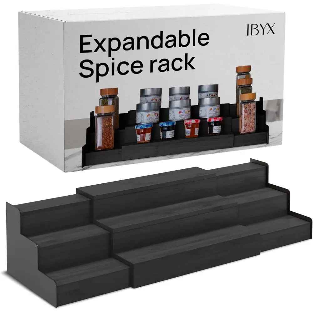 Expandable Bamboo Spice Rack – 3-Tier Organizer - Black
